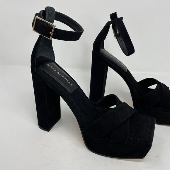 GOOD AMERICAN Description Platform Sandal Womens 9 Black Suede Heels NEW Ankle - Picture 6 of 11